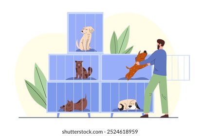 Man with animal shelter. Young guy hugs dog. Domestic animal adoption. Generosity and kindness, charity. Person hug puppy. Flat vector illustration isolated on white background