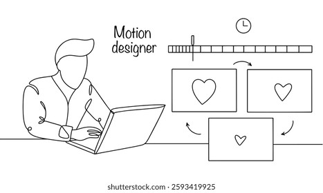 A man is animating a heart, creating time-lapse images. His work involves developing moving images that add movement and visual interest. Line drawn work of a motion designer. Simple vector.