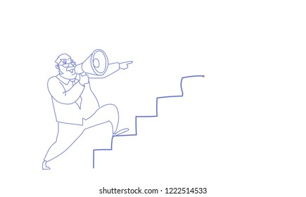 man announcer hold loudspeaker climb career ladder leadership concept sketch doodle horizontal vector illustration