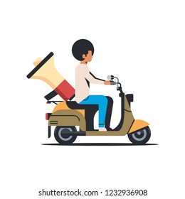 man announcer riding scooter with megaphone information announcement concept isolated flat vector illustration