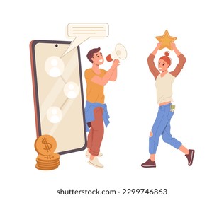 Man announcing about benefits of referral program and happy woman customer join to invitations