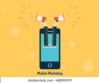 Man announcing loudly holding megaphone.Concept about mobile advertising/marketing.Digital SEO. Communication via mobile.