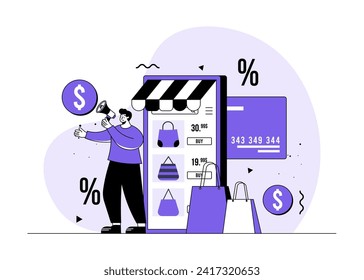 Hombre anunciando nuevas ofertas y descuentos, concepto de vector de ilustración plana de compras en línea, oferta especial, descuentos, comercio electrónico, tienda digital, tienda electrónica, tienda en línea