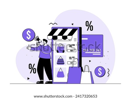 Man announcing new offers and discounts, Online shopping flat illustration vector concept, Special offer, discounts, E-commerce, Digital store, E-shop, online store