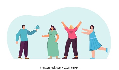 Man announcing news event for happy women. Male leader holding megaphone and shouting to girls flat vector illustration. Propaganda, mass media concept for banner, website design or landing web page