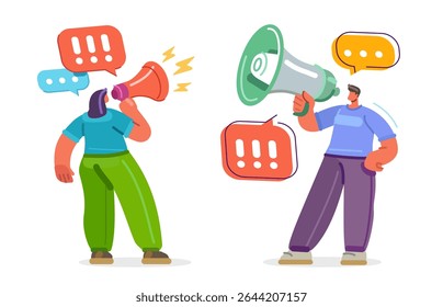 Man announcing news using megaphone social media marketing. Woman with loudspeaker. Promotion, advertising