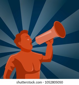Man announcing through megaphone or mouthpiece advertising