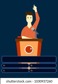 Man answer. Quiz game with answers . Colorful flat cartoon vector illustration. Quiz brainy game.