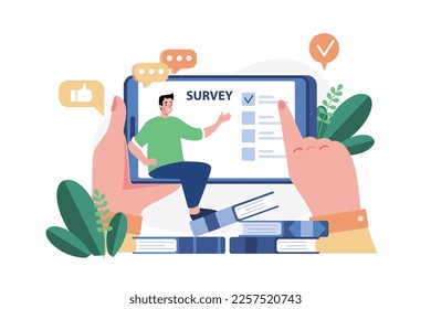 Man Answering Online Survey Illustration concept on white background