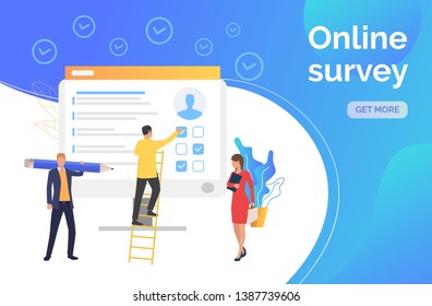 Man answering survey on computer monitor. Headhunting, feedback, customer research. Online survey concept. Vector illustration can be used for presentation slides, web pages, layouts