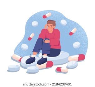 Man with antidepressants. Young guy sitting among large tablets. Drug addiction. Mental health and psychological problems, sadness, depression and frustration. Cartoon flat vector illustration