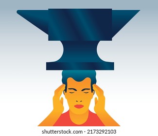Man with an anvil above his head. Feeling pain and headache concept. Pressure and stress concept. Male subject. Vector illustration