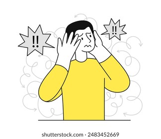 Man with anxiety concept. Young guy in stress. Nervous person. Character in panic and shock. Depression and frustration, loneliness. Linear flat vector illustration isolated on white background
