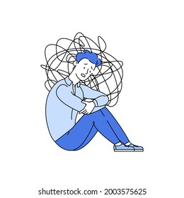 Man with anxiety hugged his knees surrounded by think. Mental disorder and chaos in consciousness. Frustrated guy with nervous problem feel anxiety and confusion of thoughts vector flat illustration. 