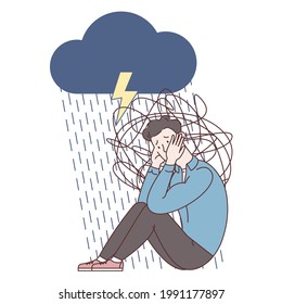 Man with anxiety touch head surrounded by think. Mental disorder and chaos in consciousness. Frustrated guy with nervous problem feel anxiety and confusion of thoughts vector flat illustration. 