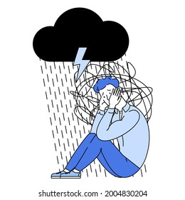 Mann mit Angstberührung Kopf umgeben von Denken. Psychische Störung und Bewusstseinsstörungen. Frustrierter Kerl mit Nervenproblem empfinden Angst und Verwirrung der Gedanken Vektorgrafik. 
