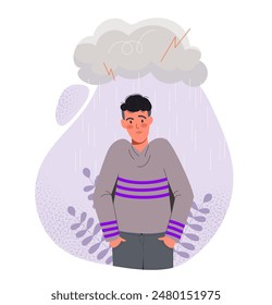 Hombre con ansiedad. Joven parado bajo una nube de lluvia. Sentimientos y emociones negativas. Frustración y depresión. Problemas mentales. Ilustración vectorial plana de dibujos animados aislada sobre fondo blanco