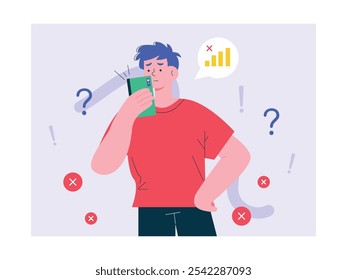 El hombre está ansioso porque su teléfono no tiene señal, adicto a los aparatos. Diseño de personajes. Ilustración plana de Vector