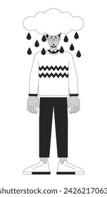 Man anxious depression black and white 2D illustration concept. Sad pessimistic arab adult male cartoon outline character isolated on white. Rainy cloud above head metaphor monochrome vector art