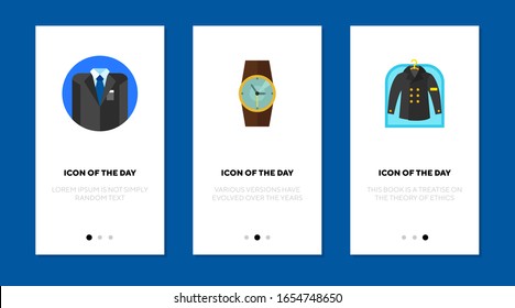 Man appearance flat icon set. Success, wealth, clothes isolated vector sign pack. Clothing and fashion concept. Vector illustration symbol elements for web design and apps