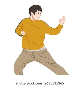 Um homem com uma aparência inspirada por um famoso ator de artes marciais com um suéter amarelo e listras pretas está em uma posição de luta