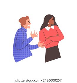 A man appears to be pleading or arguing with a woman who is standing with her arms crossed, unimpressed. This vector illustration depicts a common social disagreement.