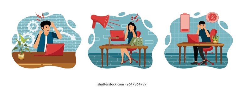 A man appears overwhelmed and stressed while working on a laptop.  A stressed woman at her desk covering her ears from loud noise distractions. A man sitting at his desk in deep Emotional burnout.