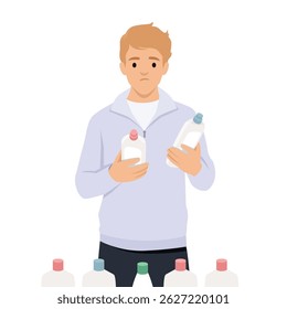 Man appears uncertain as he tries to choose between different cleaning product bottles at shopping. Flat vector illustration isolated on white background