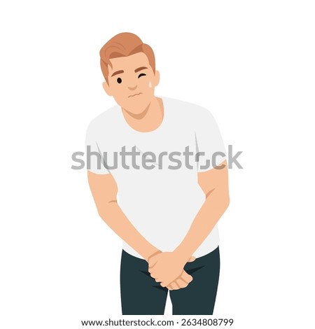 Man appears visibly uncomfortable and is holding his groin area, Need to urinate urgently. Flat vector illustration isolated on white background