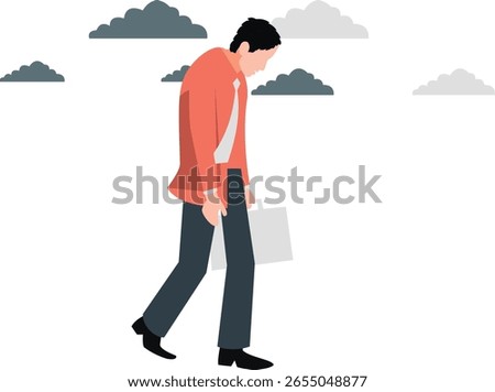 The man appears weary and exhausted from work, showing signs of fatigue and stress. He seeks rest, feeling overwhelmed by responsibilities and the demands of his job.