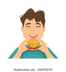 A man with appetite eats hamburger hands. Vector illustration of fast food. Junk food.