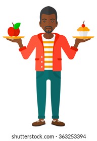 Hombre con manzana y pastel.