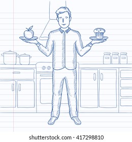 Man with apple and cake.