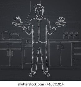 Man with apple and cake.