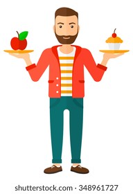 A man with apple and cake in hands symbolizing choice between healthy and unhealthy food vector flat design illustration isolated on white background. Vertical layout.