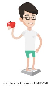 Mann mit Apfel in der Hand, der nach einer Diät wiegt. Der Mensch ist zufrieden mit dem Ergebnis seiner Diät. Mann auf Diät. Diätetisches und gesundes Lebensstil-Konzept. Vektorgrafik mit flachem Design, einzeln auf weißem Hintergrund.