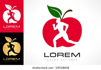 Man and apple logo. Diet and weight loss concept. Red apple.