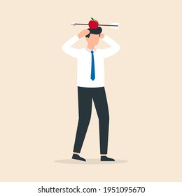 Man with apple on his head and arrow shot through in success concept. Business risk concept. Vector illustration