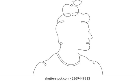 A man with an apple on his head. Portrait of a man. A male character holds an apple on his head.One continuous line. Linear. Hand drawn, white background.