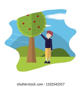 man with apples tree in the nature landscape