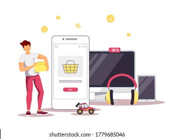 Man with appliances and phone. Appliance store, Online Shopping, Home delivery, E-commerce, Mobile marketing concept. Isolated vector illustration for poster, banner, commercial.