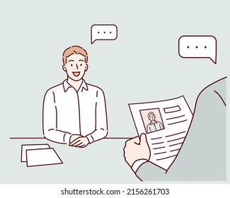 Man applicant or candidate during job interview by recruiter. Hand drawn style vector design illustrations.