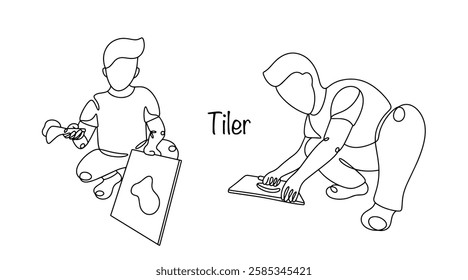 A man applies grout to the tiles and then places the tiles on the floor. Hand-drawn process of a master's work. Profession tiler. A simple illustration for different uses.