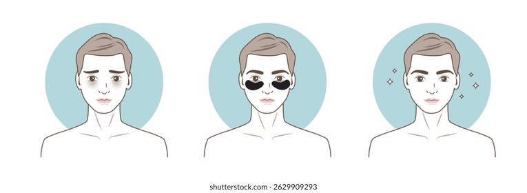 The man apply eye patches treat under eyes dark circles illustration isolated on white background. Direction for use eye mask treatment, reduce dark circles, puffiness, dryness and crow feet lines.