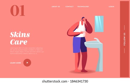 Man Apply Morning Routine Landing Page Template. Male Character Stand front of Mirror Applying Facial Cream from Cosmetics Jar. Skin Care, Moisturizing Beauty Procedure. Cartoon Vector Illustration