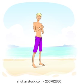 man apply sunscreen protection lotion cream, summer beach, skin sun care vector illustration