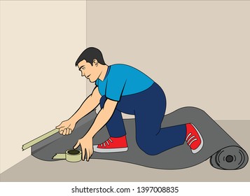 man applying carpet to the floor - Covering the floor with plastic