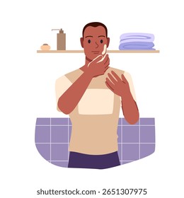 Homem aplicando creme no rosto para o procedimento de higiene diária e beleza de cuidados com a pele rotina. Jovem rapaz fazendo massagem com produto cosmético em casa de banho para hidratar pele desenho animado vetor ilustração
