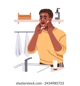 Man applying cream, moisturizer on face. Male skin care routine. African guy with facial skincare moisturizing and cleansing cosmetic gel. Flat graphic vector illustration isolated on white background