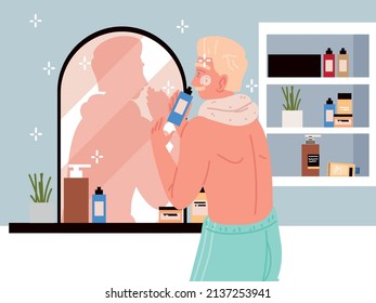 Man Applying Face Cream In Bathroom Cartoon